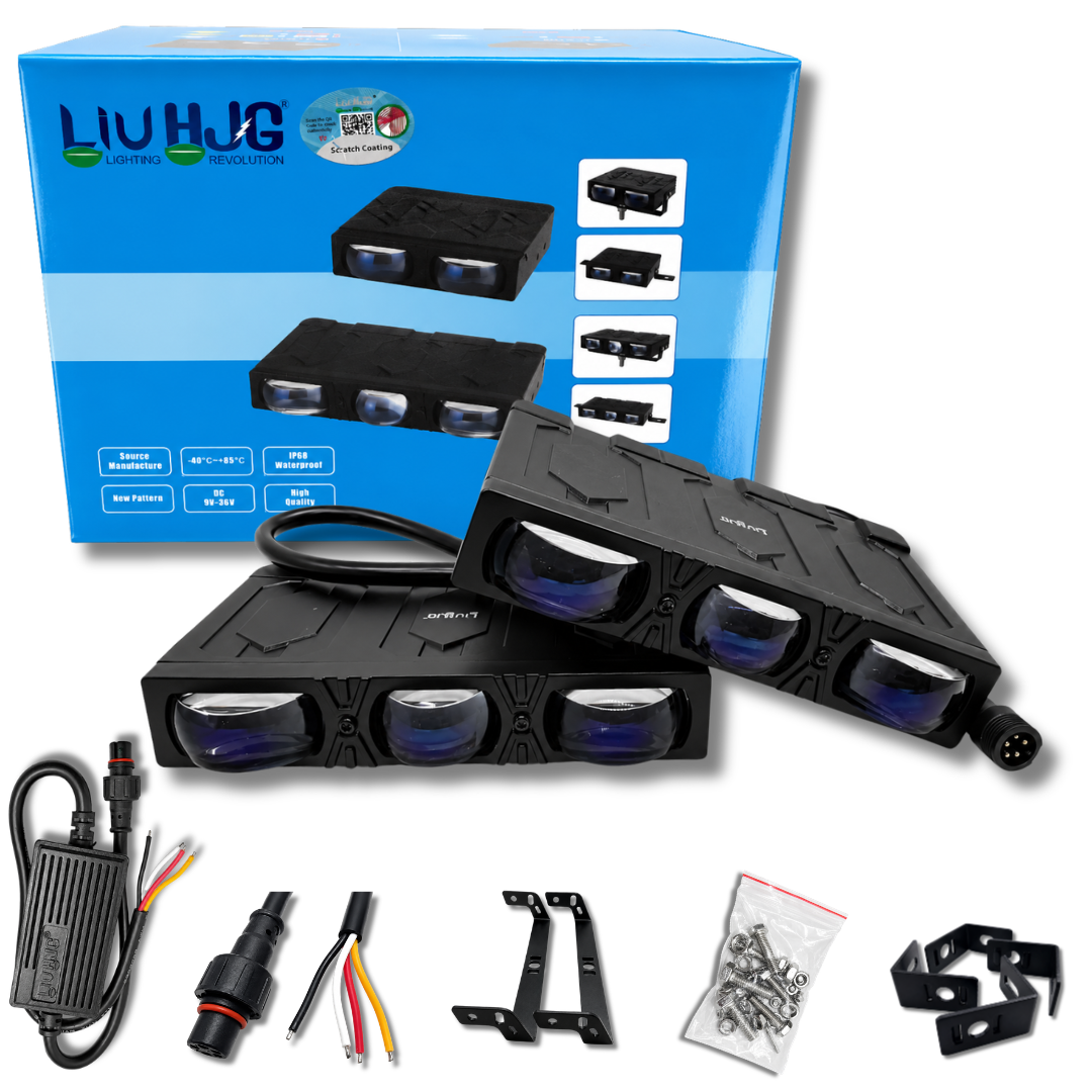 LIU HJG® S124 3 Lens LED Fog Light Bulbs for Bike and Car (100W, Dual Color White/Yellow Beam & Red Devil Eye, Pack of 2)