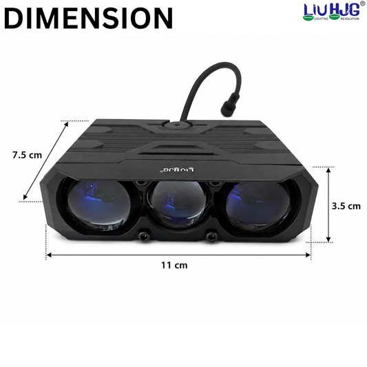 Product dimension diagram showing 126W 3-lens fog light pod measuring 11 cm width, 7.5 cm depth, and 3.5 cm height.