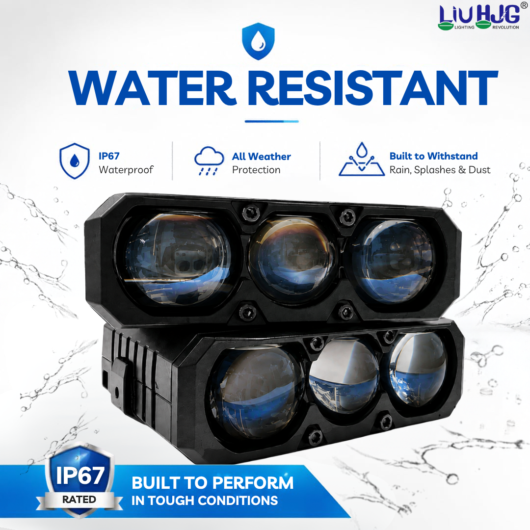 IP67 waterproof test on LIU HJG 126W 3-lens fog light pods in water splash environment.
