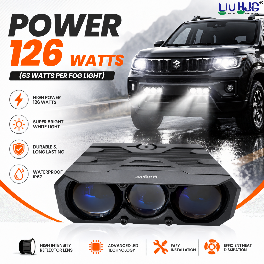 LIU HJG S-48 126W 3-lens LED fog light pair mounted on car front bumper.