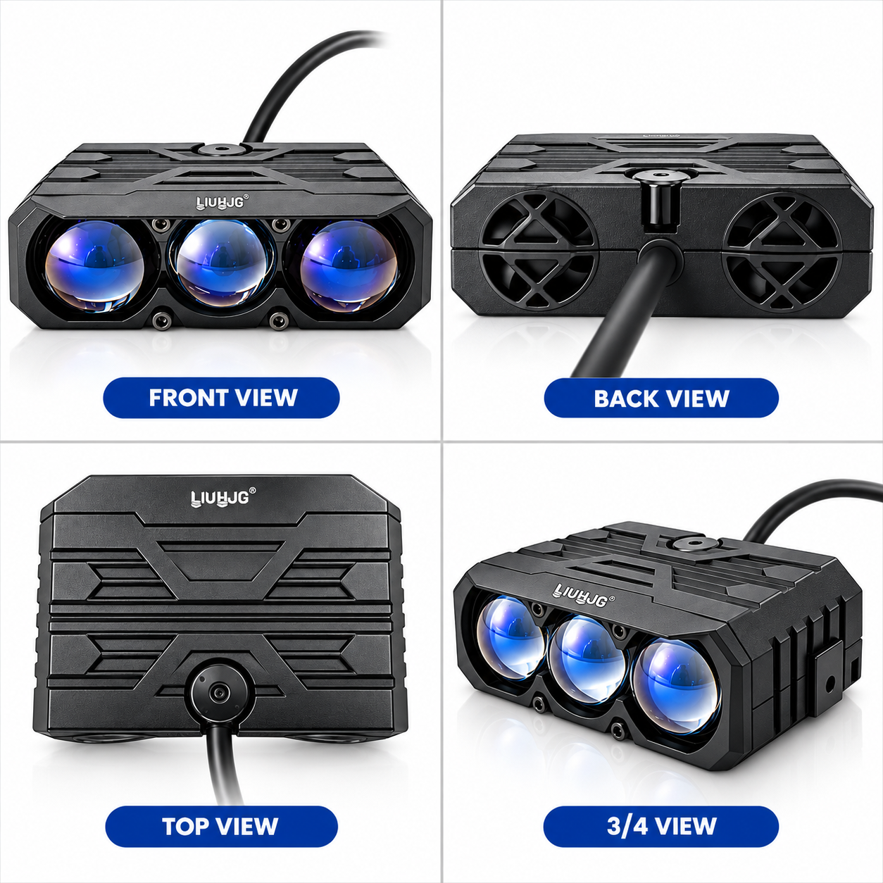 Four perspective views of 126W 3-lens fog light showing Front View, Back View with active fans, Top View, and 3/4 View.