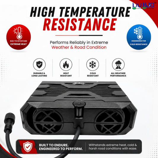 Rear view of 126W fog light showing dual active turbo cooling fans for extreme heat dissipation.