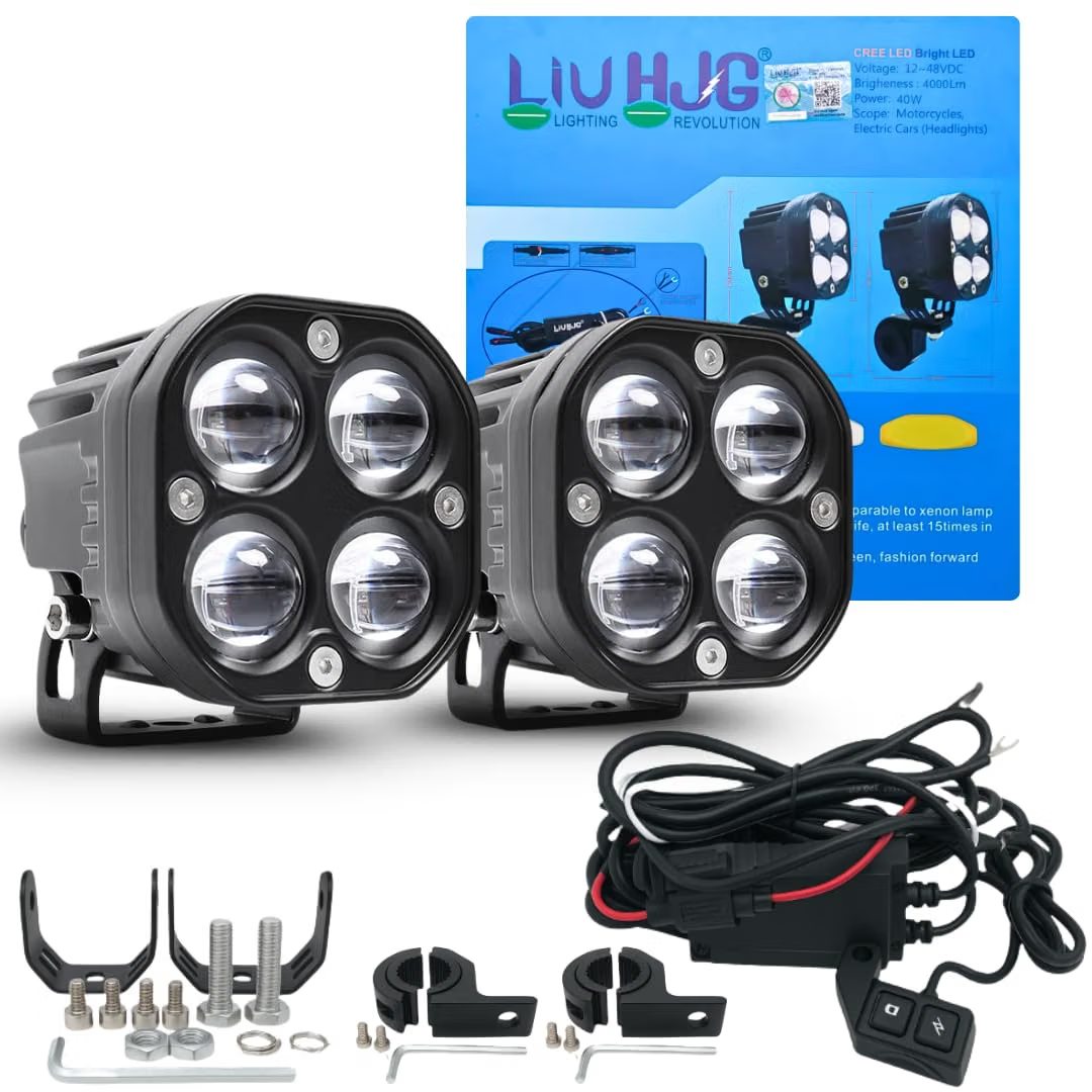 LIU HJG® 80W 4-LED 5D Lens Dual-Color Fog Light Kit with Clamp Brackets & Wiring Harness for Bike and Car (Pack of 2)