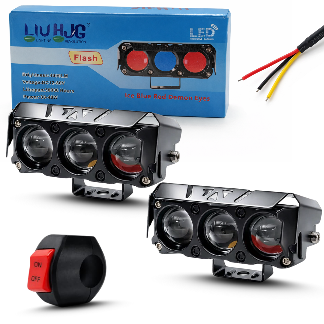 LIU HJG 3 Lens Fog Light with Devil Eye – Yellow/White  Steady & Flashing Modes (Set)