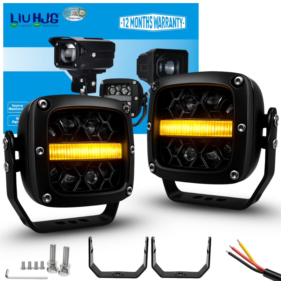 LIU HJG 4 LED Fog Light with Yellow DRL Super Bright Waterproof & Dustproof 100W 12V DC Power White Light High Beam & Yellow DRL Light Universal Fit for All Bikes & Cars (Pack of 2)