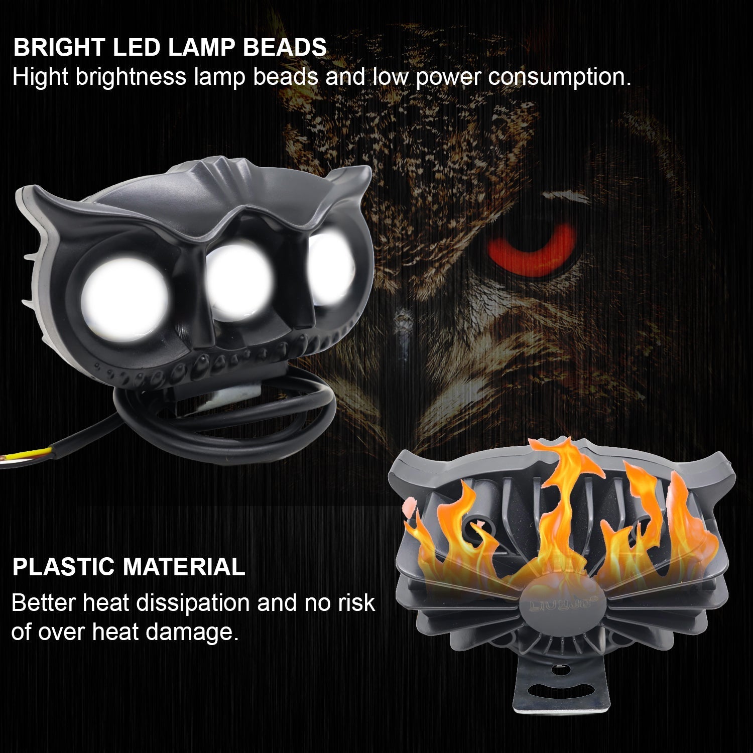 LED Owl Fog Light Yellow/White and Red Devil Eye Effect 3 Colour Mode with Flashing Pattern Universal For All Bikes (DC9-80V & 30W, Pack of 1)