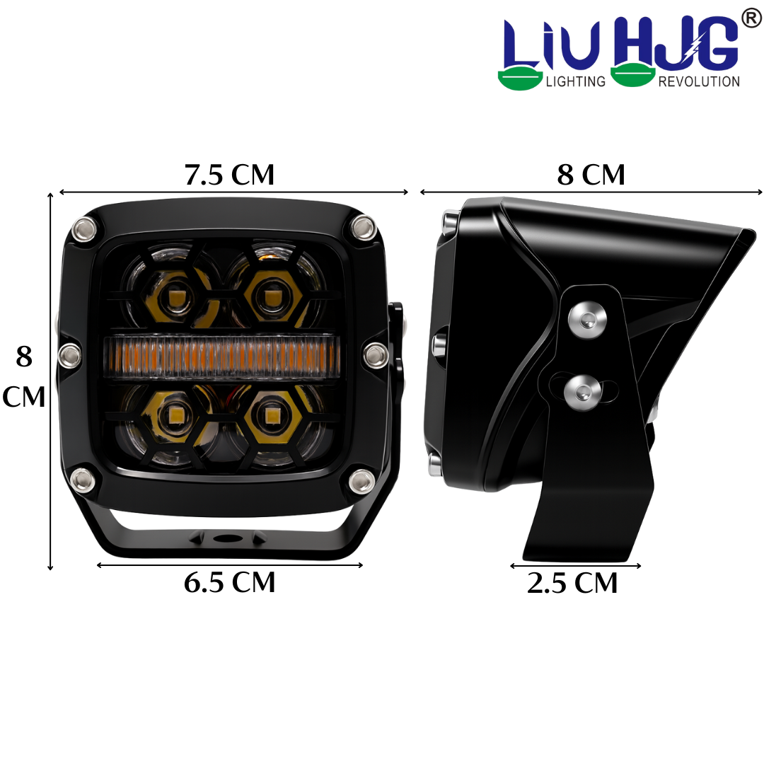 LIU HJG 4 LED Fog Light with Yellow DRL Super Bright Waterproof & Dustproof 100W 12V DC Power White Light High Beam & Yellow DRL Light Universal Fit for All Bikes & Cars (Pack of 2)