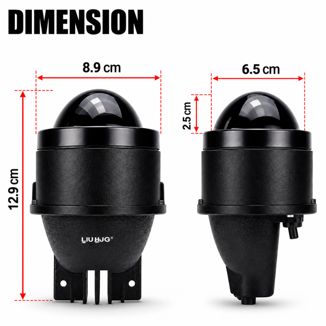 Physical dimensions of 3 inch LED projector fog lamp measuring 12.9 cm total height.