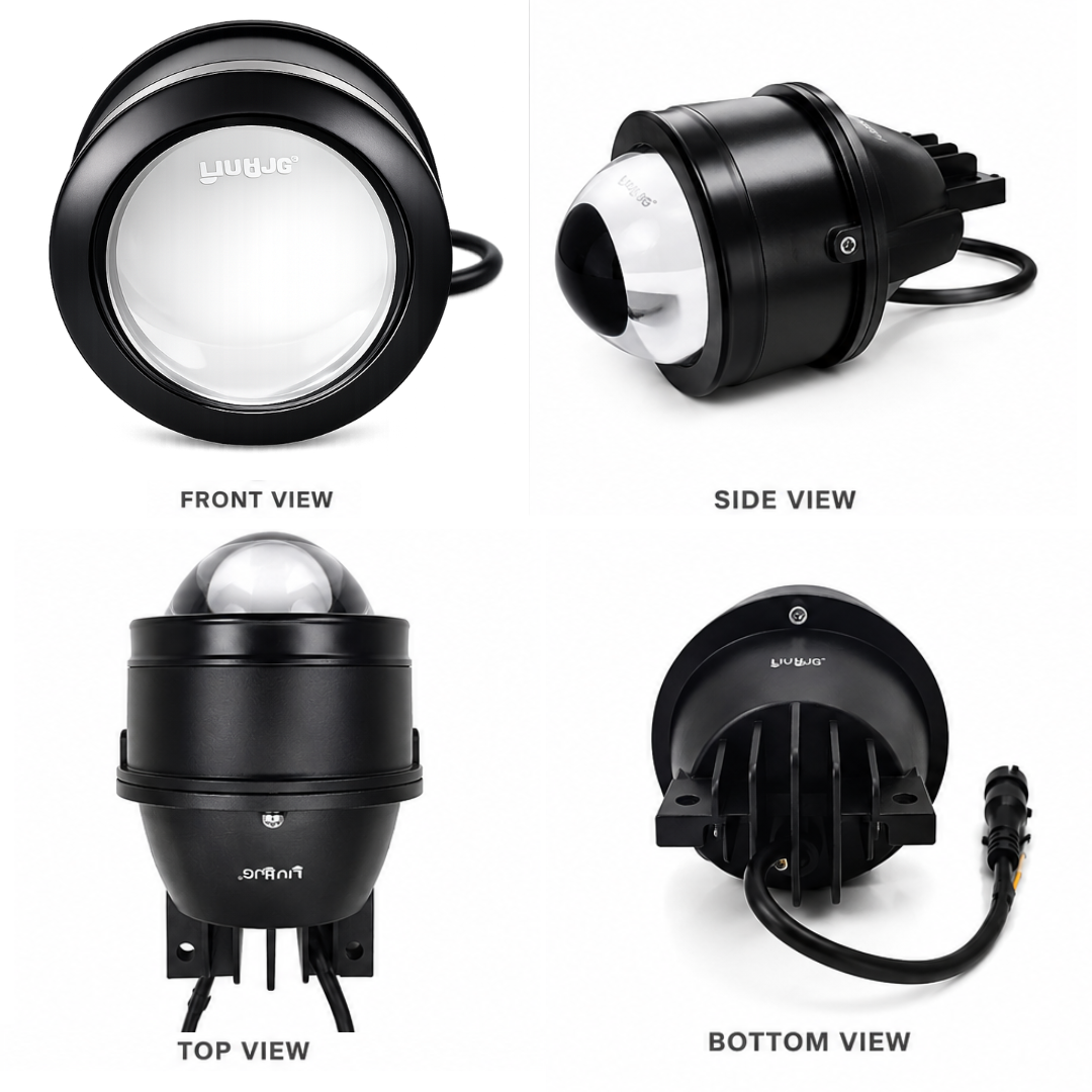 Multi-angle views of 3 inch tri-color LED projector fog lamp for cars and bikes.