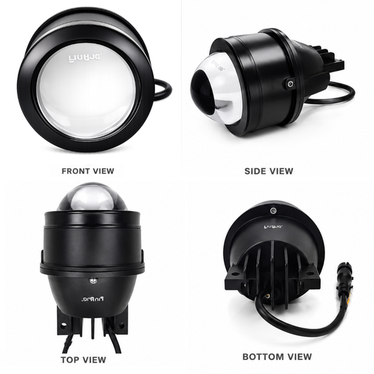 Multi-angle views of 3 inch tri-color LED projector fog lamp for cars and bikes.