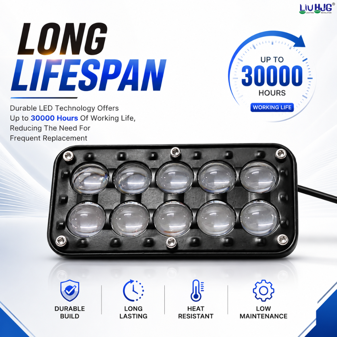30W 10 LED fog light highlighting 30,000 hours operational working lifespan.