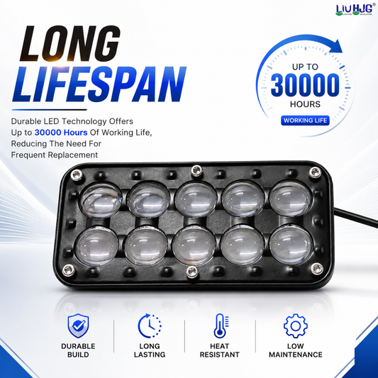30W 10 LED fog light highlighting 30,000 hours operational working lifespan.