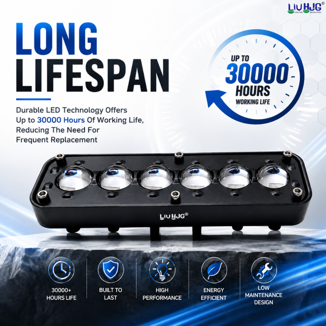 30W 6 LED fog light highlighting 30,000 hours operational working lifespan.