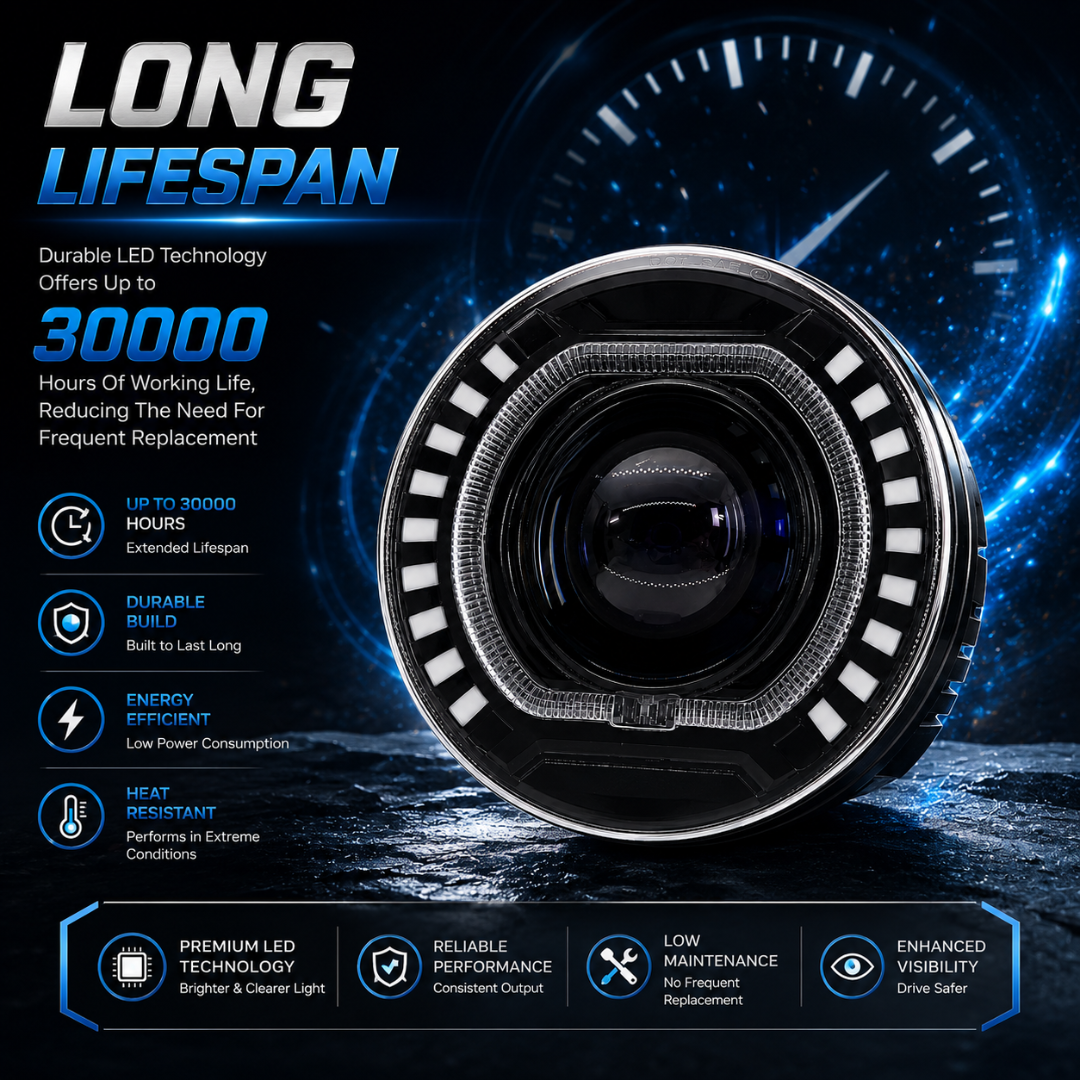 7 inch round LED headlight highlighting 30,000 hours operational lifespan.
