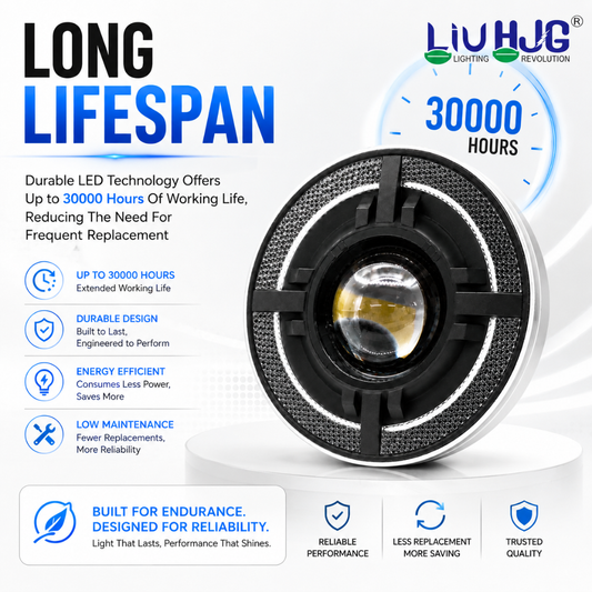 7 inch round LED headlight highlighting 30,000 hours operational lifespan.