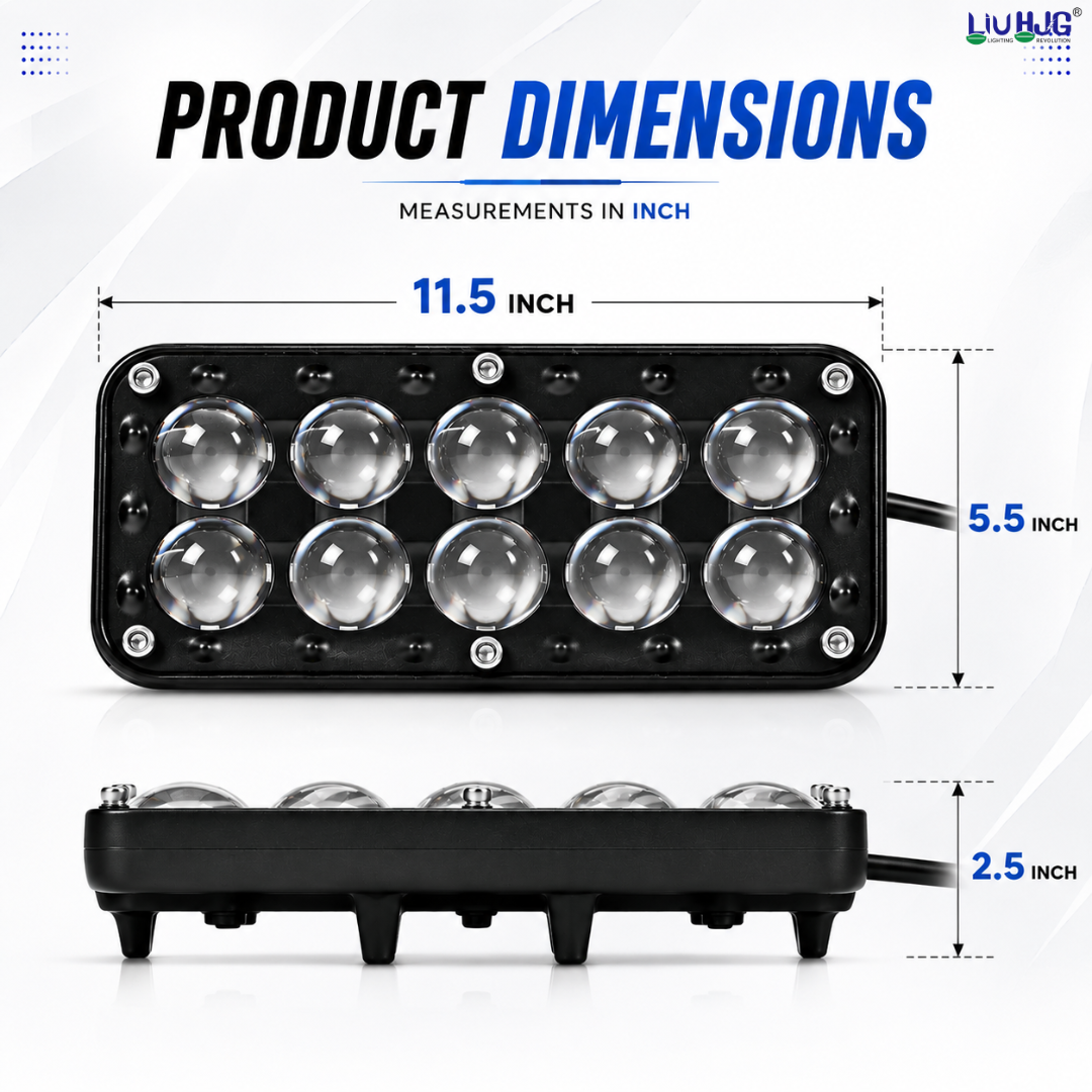 Product dimension diagram showing 30W 10 LED fog light measuring 11.5 inch length by 5.5 inch height.