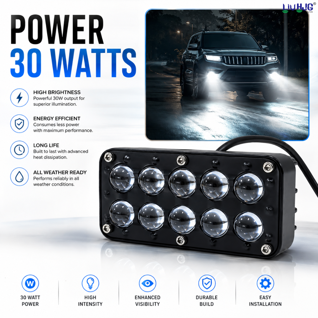30W 10 LED fog light mounted on SUV driving on wet night road.