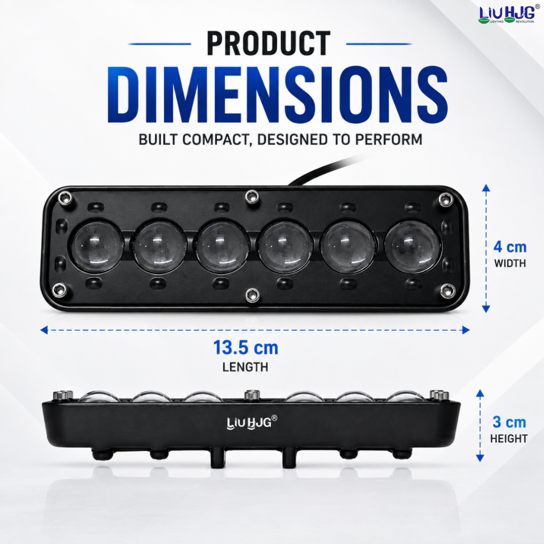 Product dimension diagram showing 30W 6 LED fog light measuring 13.5 cm length, 4 cm width, and 3 cm height.