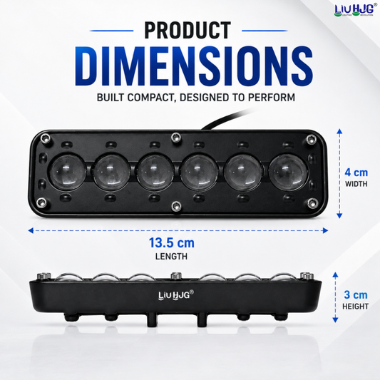 Product dimension diagram showing 30W 6 LED fog light measuring 13.5 cm length, 4 cm width, and 3 cm height.