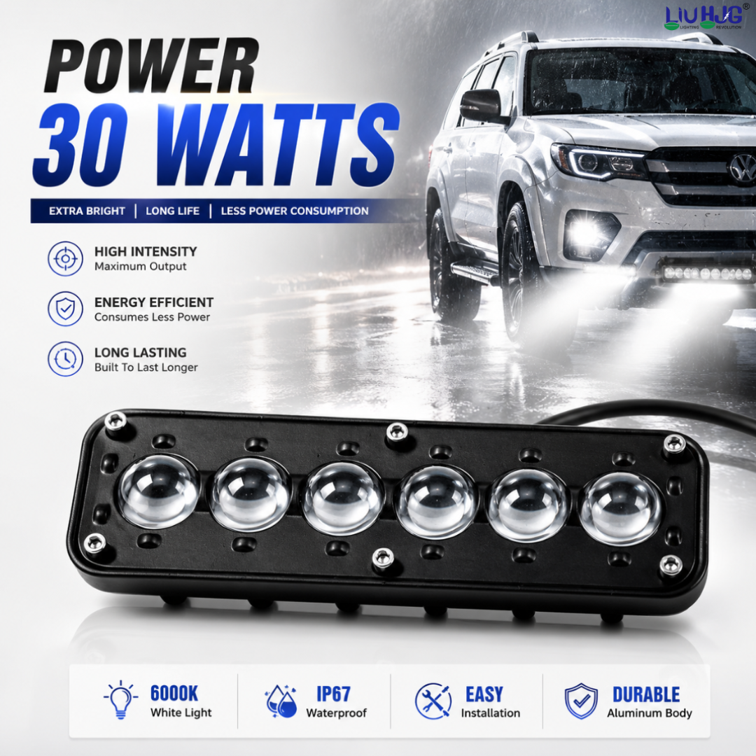 30W 6 LED fog light mounted on SUV driving on wet night road.