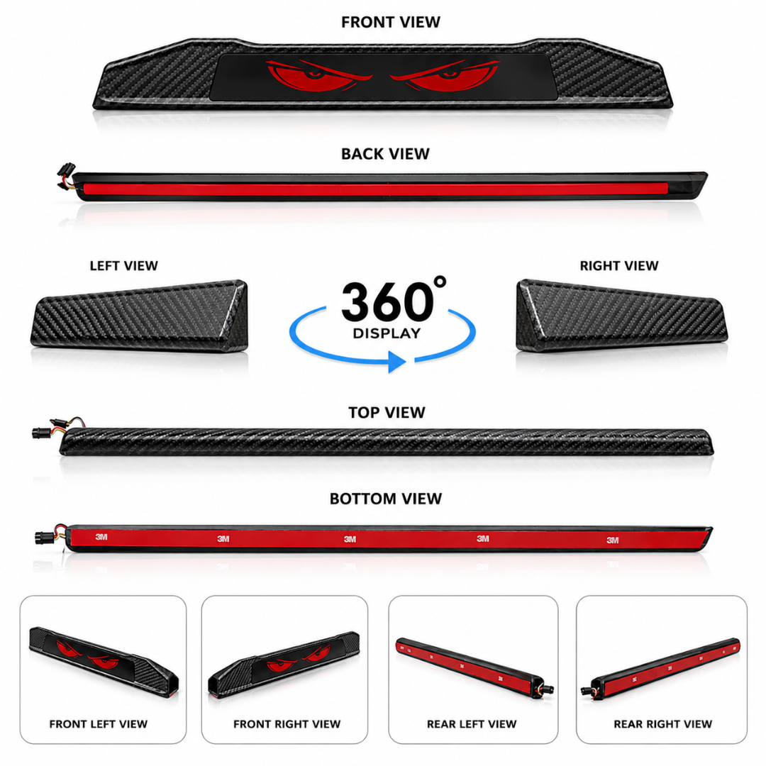 360 degree product display showing front, back, side, top, bottom, and perspective views of AUTOPOWERZ carbon fiber Red Devil Eye tail light.