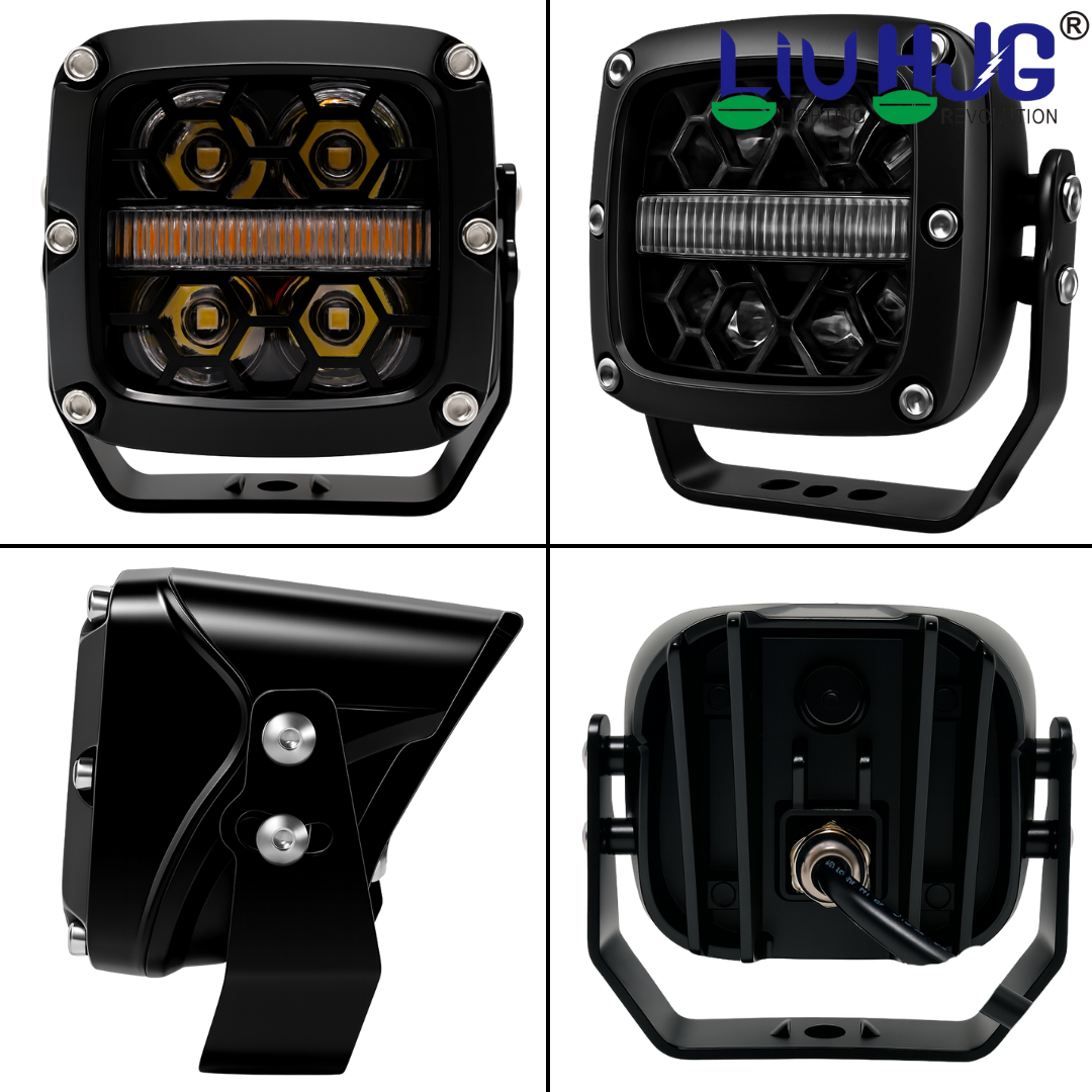 LIU HJG 4 LED Fog Light with Yellow DRL Super Bright Waterproof & Dustproof 100W 12V DC Power White Light High Beam & Yellow DRL Light Universal Fit for All Bikes & Cars (Pack of 2)