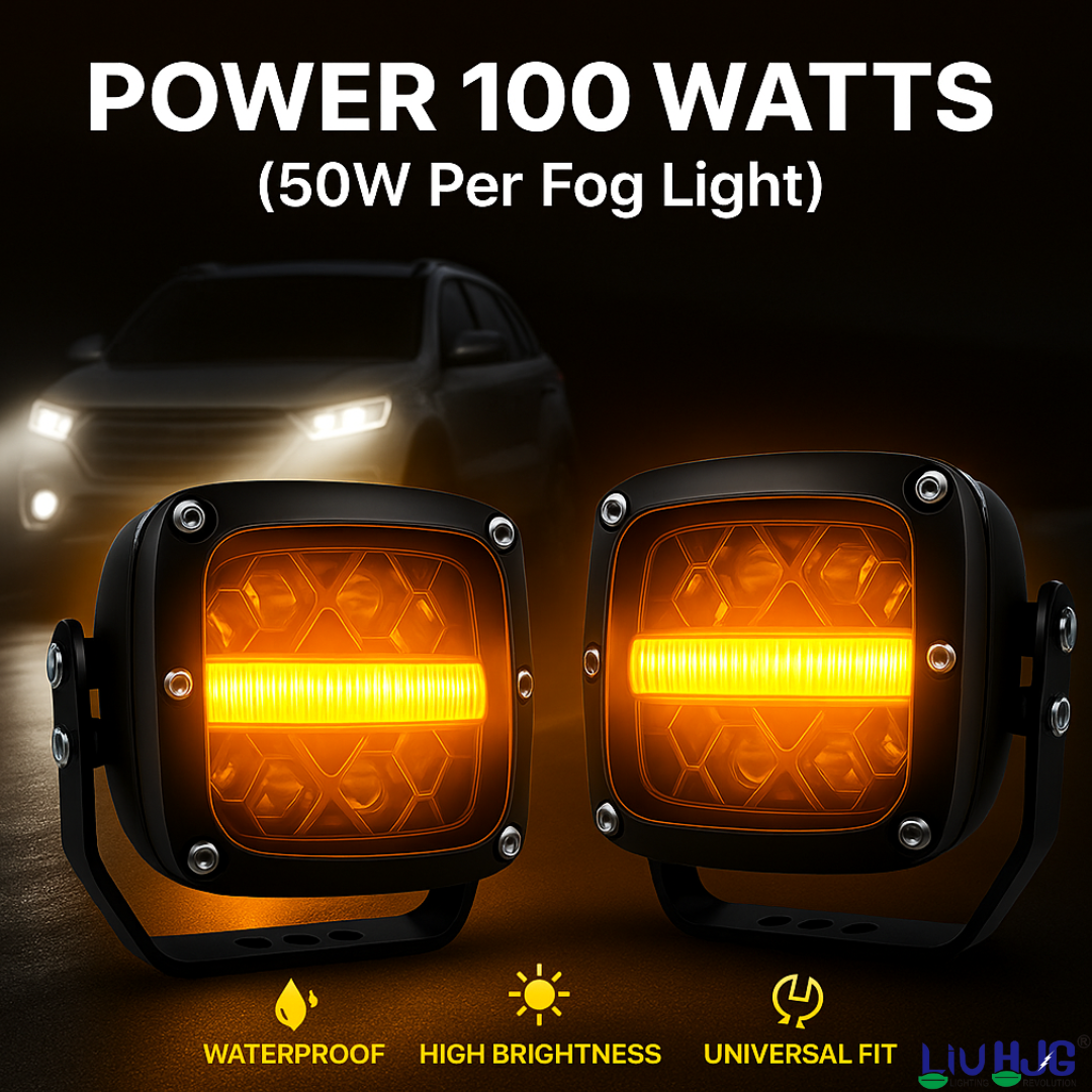 LIU HJG 4 LED Fog Light with Yellow DRL Super Bright Waterproof & Dustproof 100W 12V DC Power White Light High Beam & Yellow DRL Light Universal Fit for All Bikes & Cars (Pack of 2)