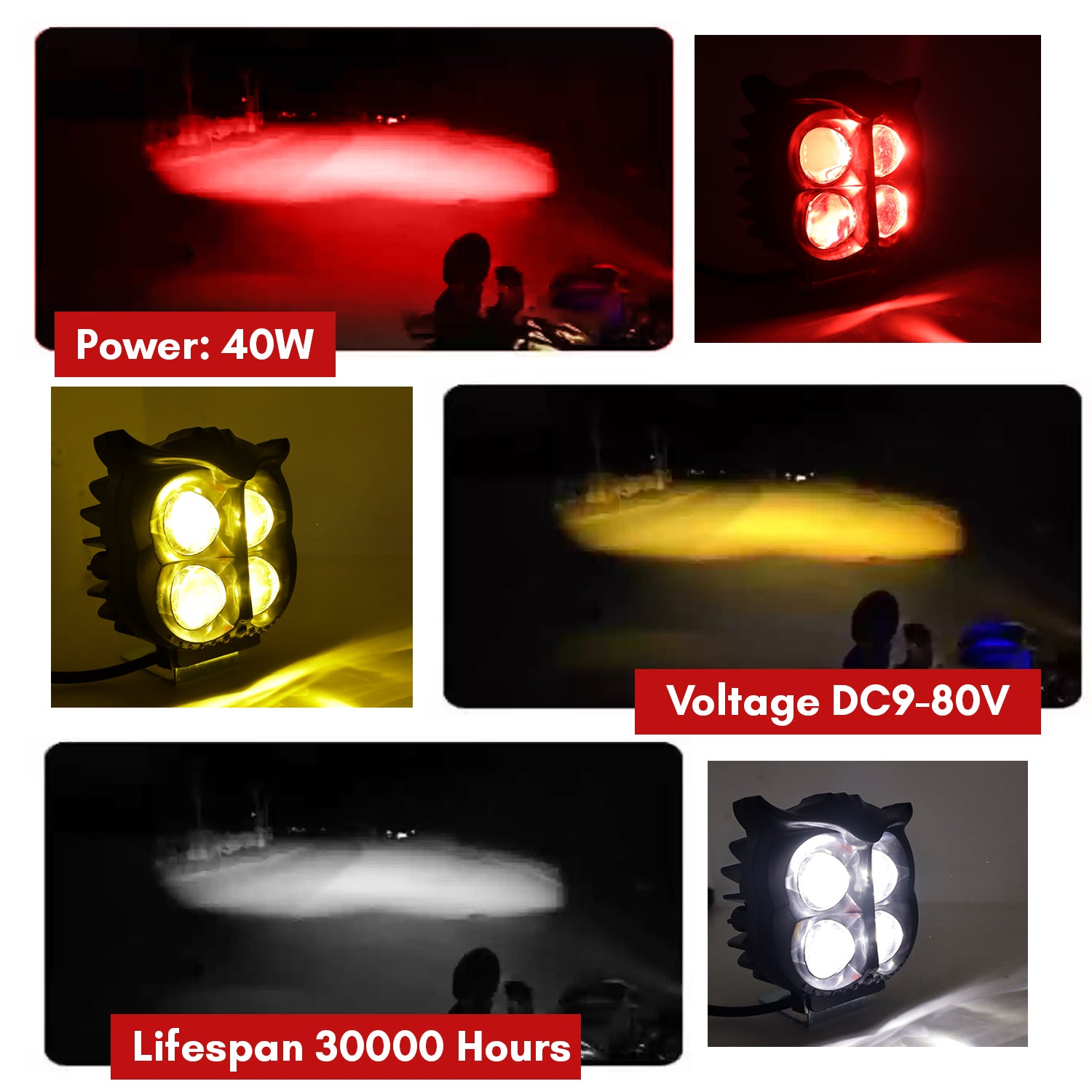 Owl LED Fog Light Yellow/White and Red Devil Eye Effect 3 Colour Mode with Flashing Pattern Universal For All Bikes (DC9-80V & 40W, Pack of 1)