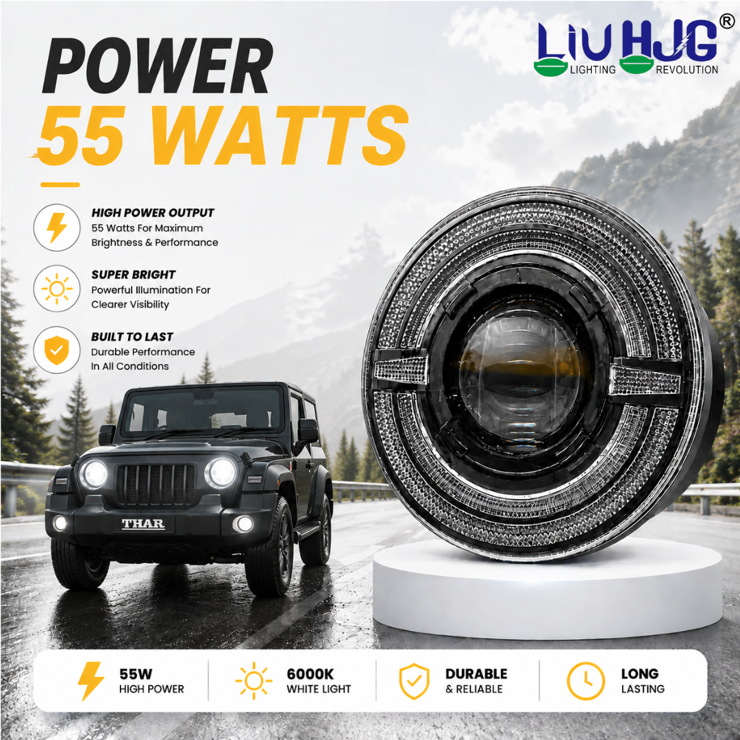 55W 7 inch round LED headlight fitted on Mahindra Thar SUV.