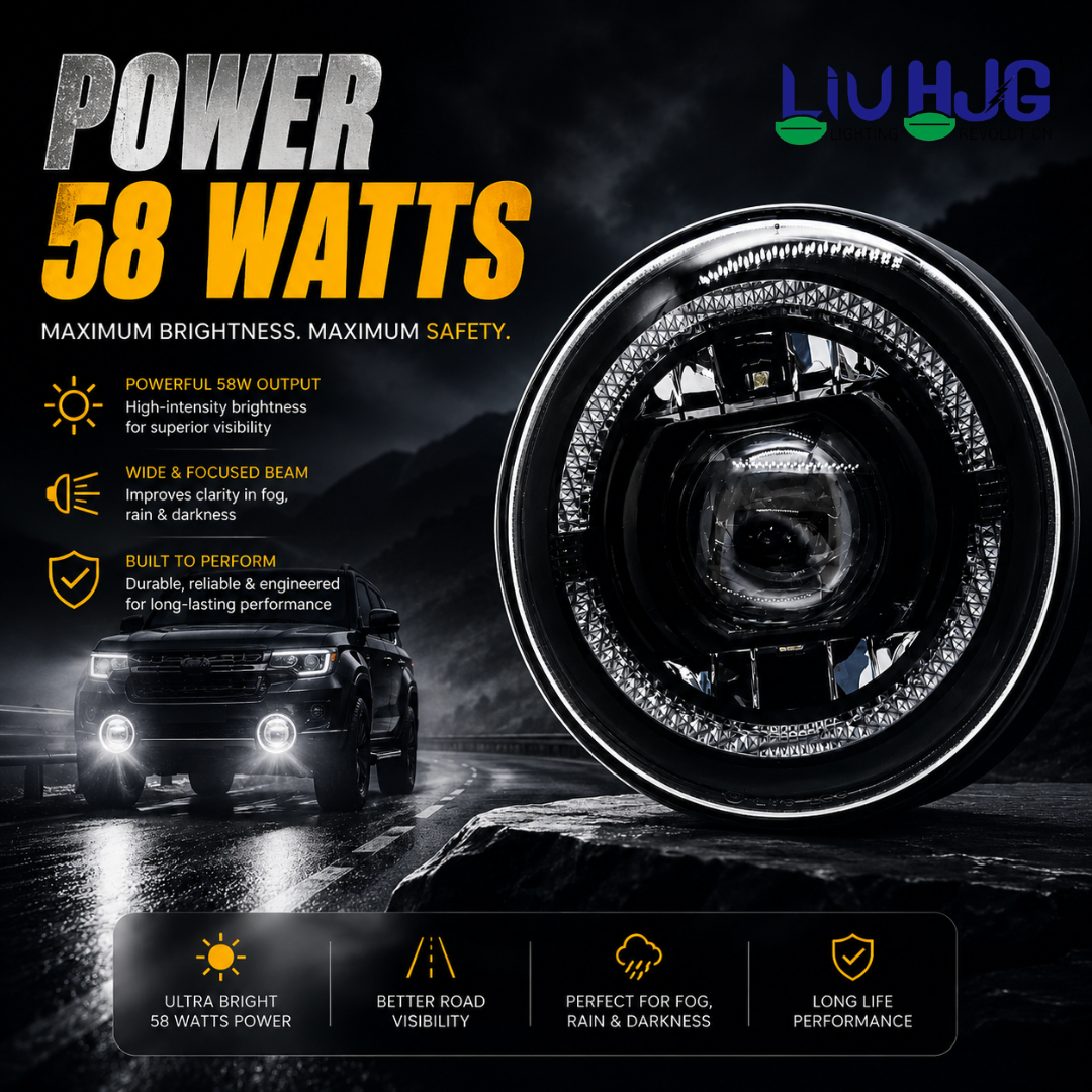LIU HJG® C-199 7 Inch 58W Round LED Headlight with Yellow/White DRL for Bike & Thar (Pack of 1)