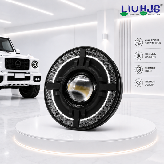 LIU HJG C-318 7 inch round LED headlight positioned on white podium in front of SUV.