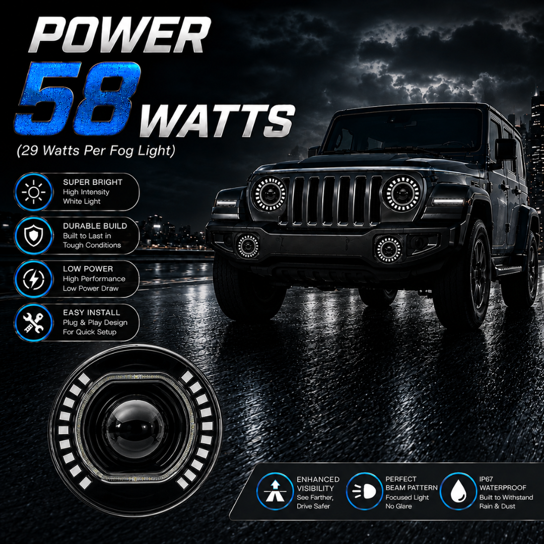 58W 7 inch round LED headlight fitted on Jeep Thar driving on wet night road.