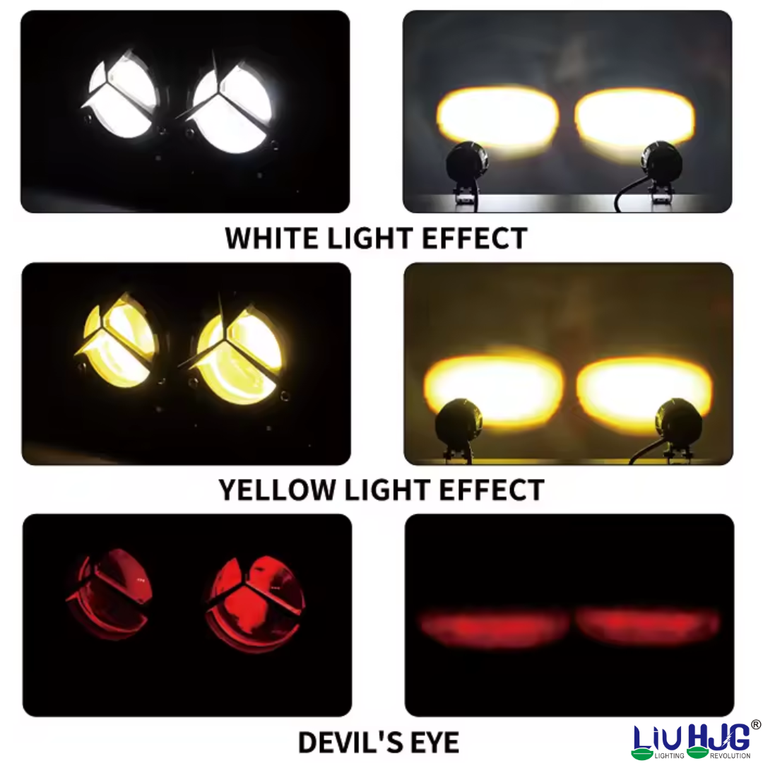 LIU HJG Mercedes Y-Lens Ultra-Wide LED Fog Lights (White/Yellow/Red Devil Eye) | Pair with Wiring Harness & Switch for Car & Bike