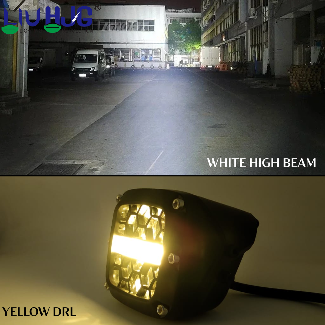 LIU HJG 4 LED Fog Light with Yellow DRL Super Bright Waterproof & Dustproof 100W 12V DC Power White Light High Beam & Yellow DRL Light Universal Fit for All Bikes & Cars (Pack of 2)