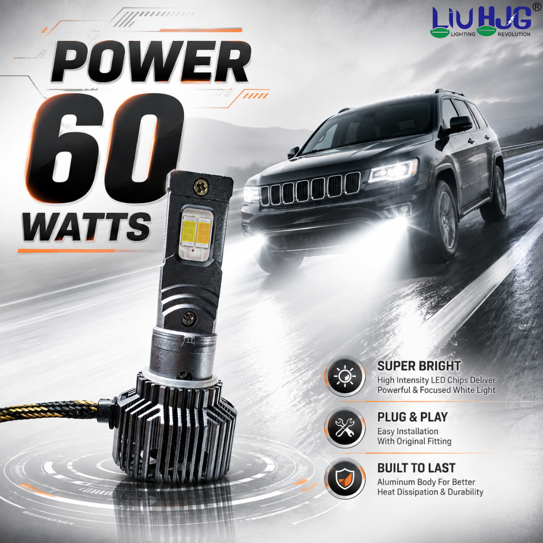 60W dual color LED headlight bulb mounted on car driving on wet night road.