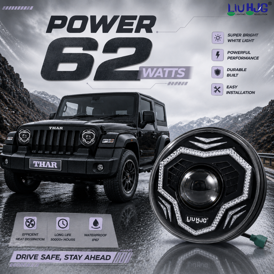 LIU HJG 62W round LED headlight installed on Mahindra Thar 4x4.