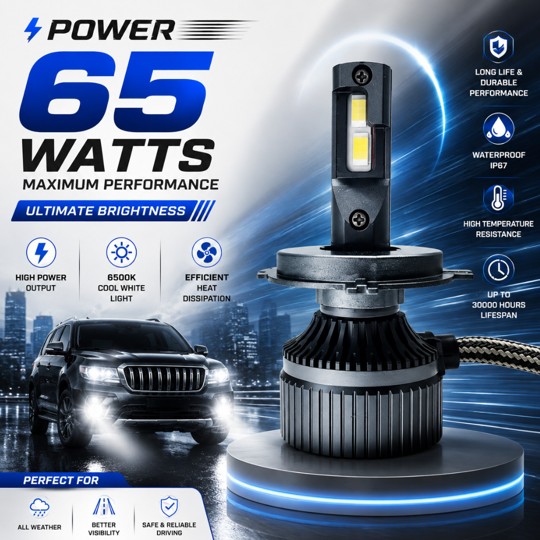 65W 6500LM mini LED headlight bulb mounted on car driving on wet night road.