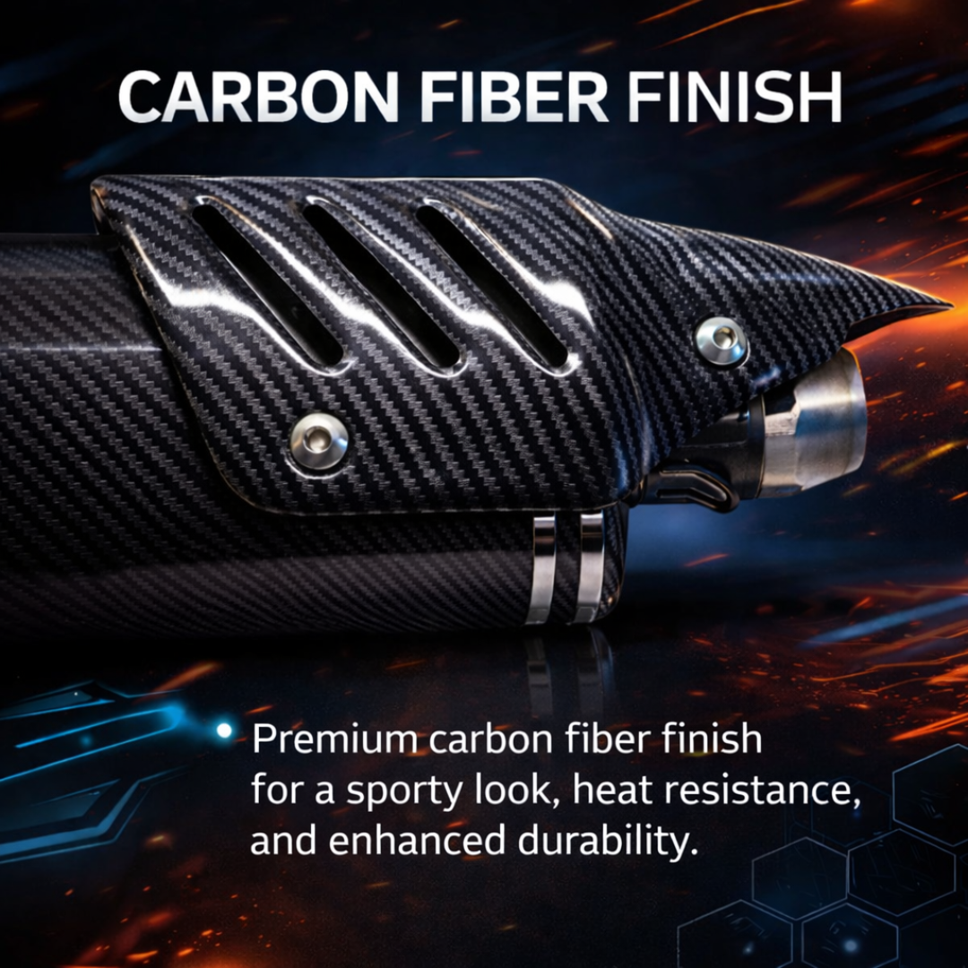 AUTOPOWERZ Carbon Finish Triangle Long Motorcycle Exhaust Silencer, Noise Control, Secure Pipe Connection Universal Fitment Premium Sports Bike Silencer (Pack of 1)