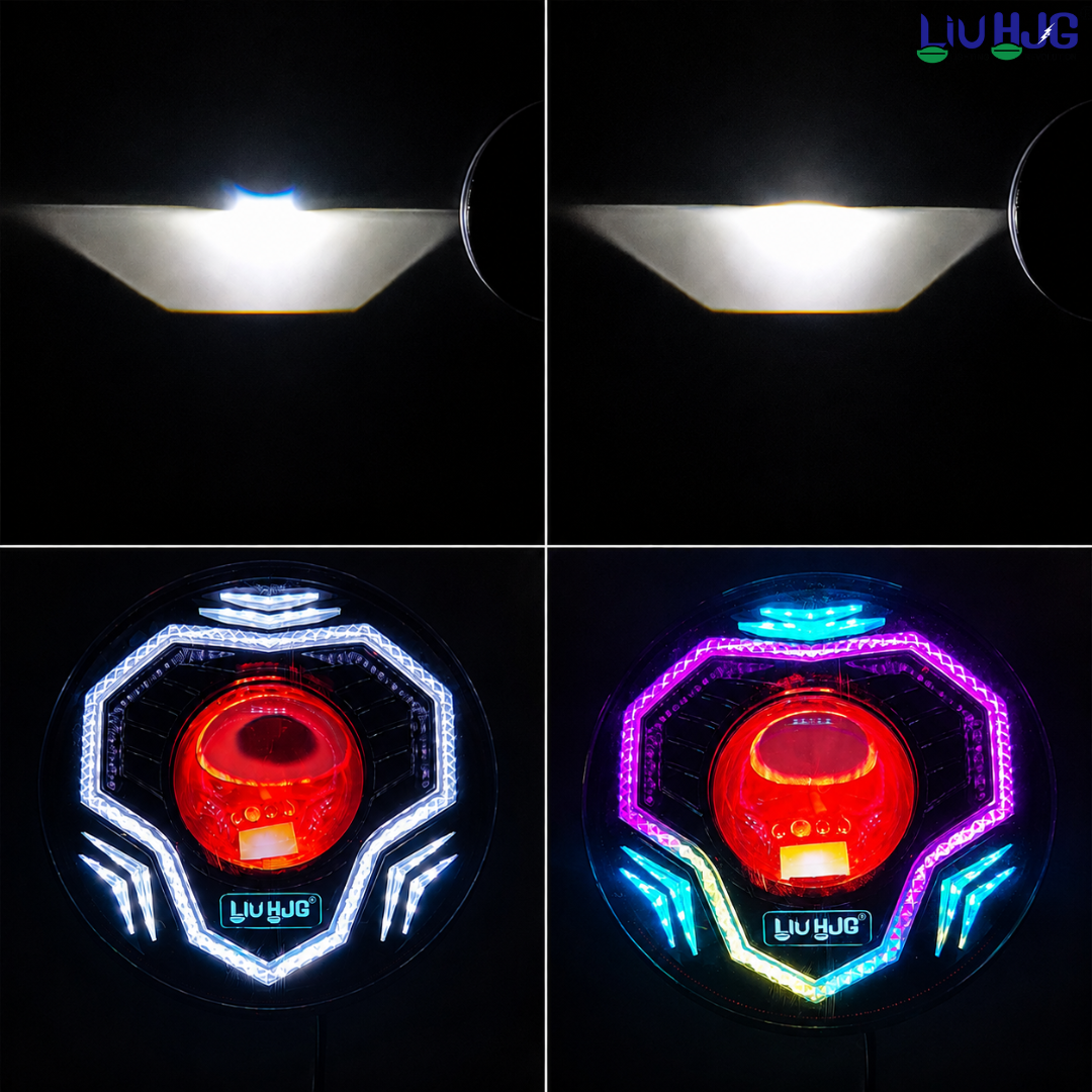 Four lighting mode output demonstration showing High/Low beam cutoff, white DRL, and multicolor RGB app control mode.