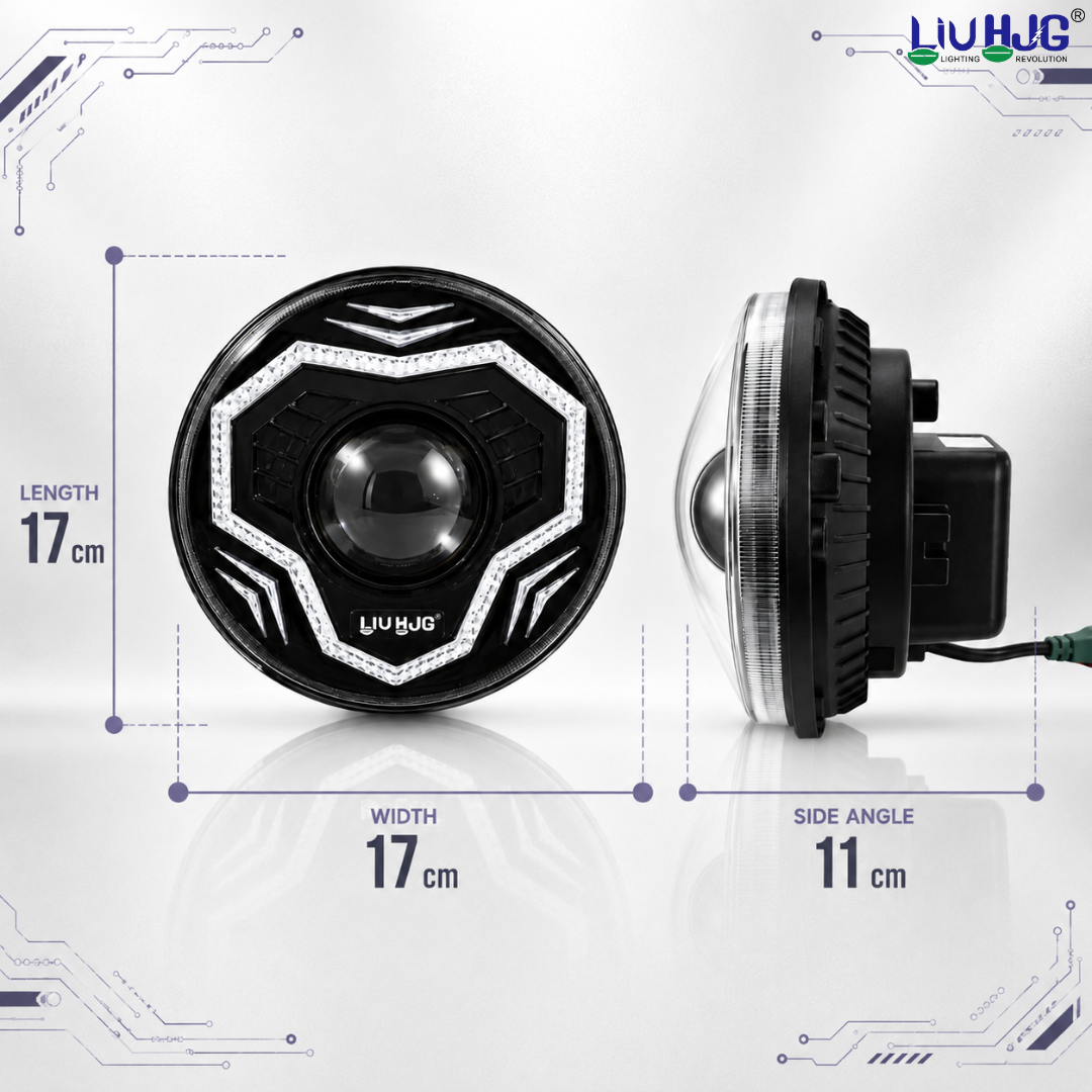 Product dimension diagram showing 7 inch (17 cm) diameter and 11 cm depth round LED headlight.
