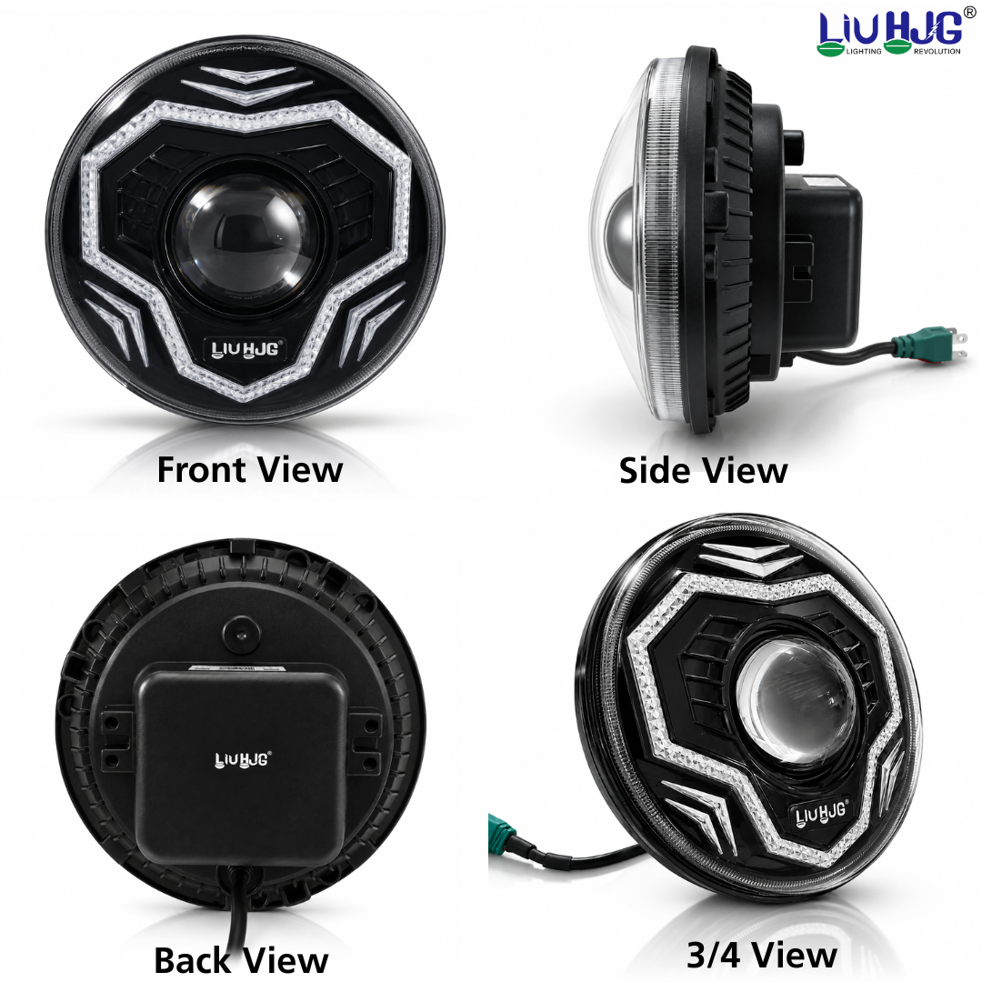 Four views of 7 inch LED headlight showing Front View, Side View, Back View, and 3/4 View.