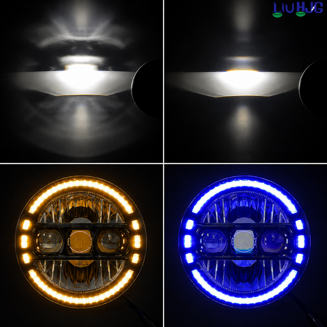 Four lighting mode output demonstration showing High/Low beam cutoff, Amber Yellow DRL ring, and Ocean Blue DRL ring.