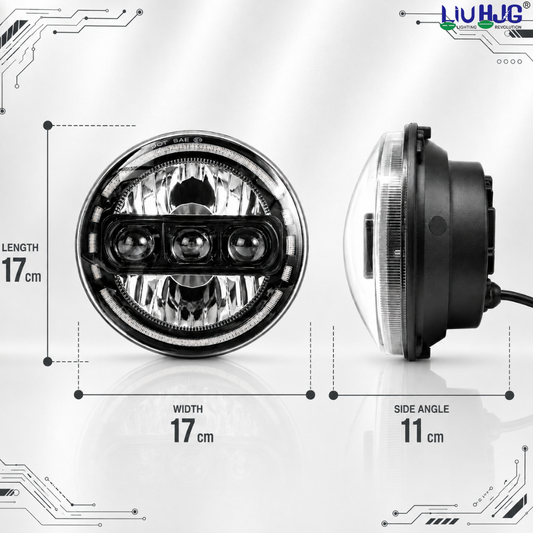Product dimension diagram showing 7 inch (17 cm) diameter and 11 cm depth round LED headlight.
