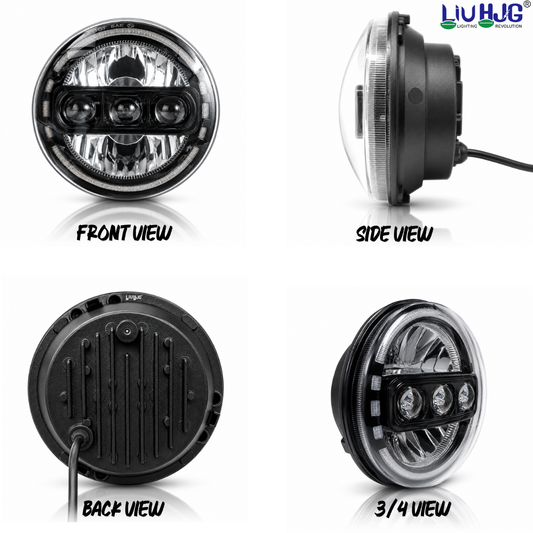 Four views of 7 inch LED headlight showing Front View, Side View, Back View, and 3/4 View.