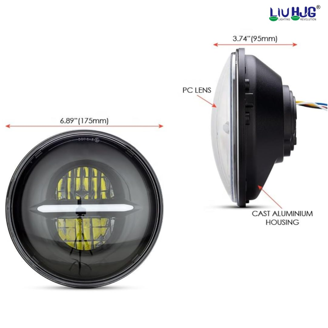 LIU HJG® 7 Inch 90W Round LED Headlight with Minus DRL & Amber Indicator for Thar & Bullet (Pack of 1)