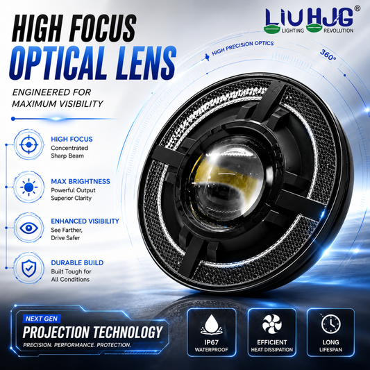 7 inch high focus optical lens LED headlight demonstrating focused beam projection.