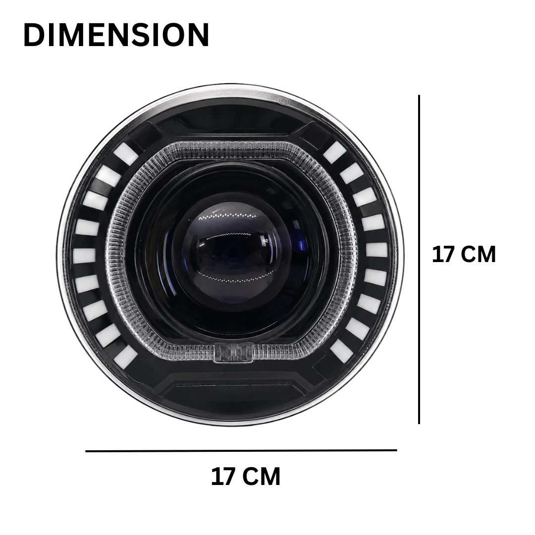 Product dimension diagram showing 7 inch (17 cm) round LED headlight.