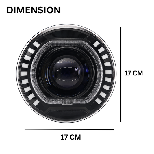 Product dimension diagram showing 7 inch (17 cm) round LED headlight.