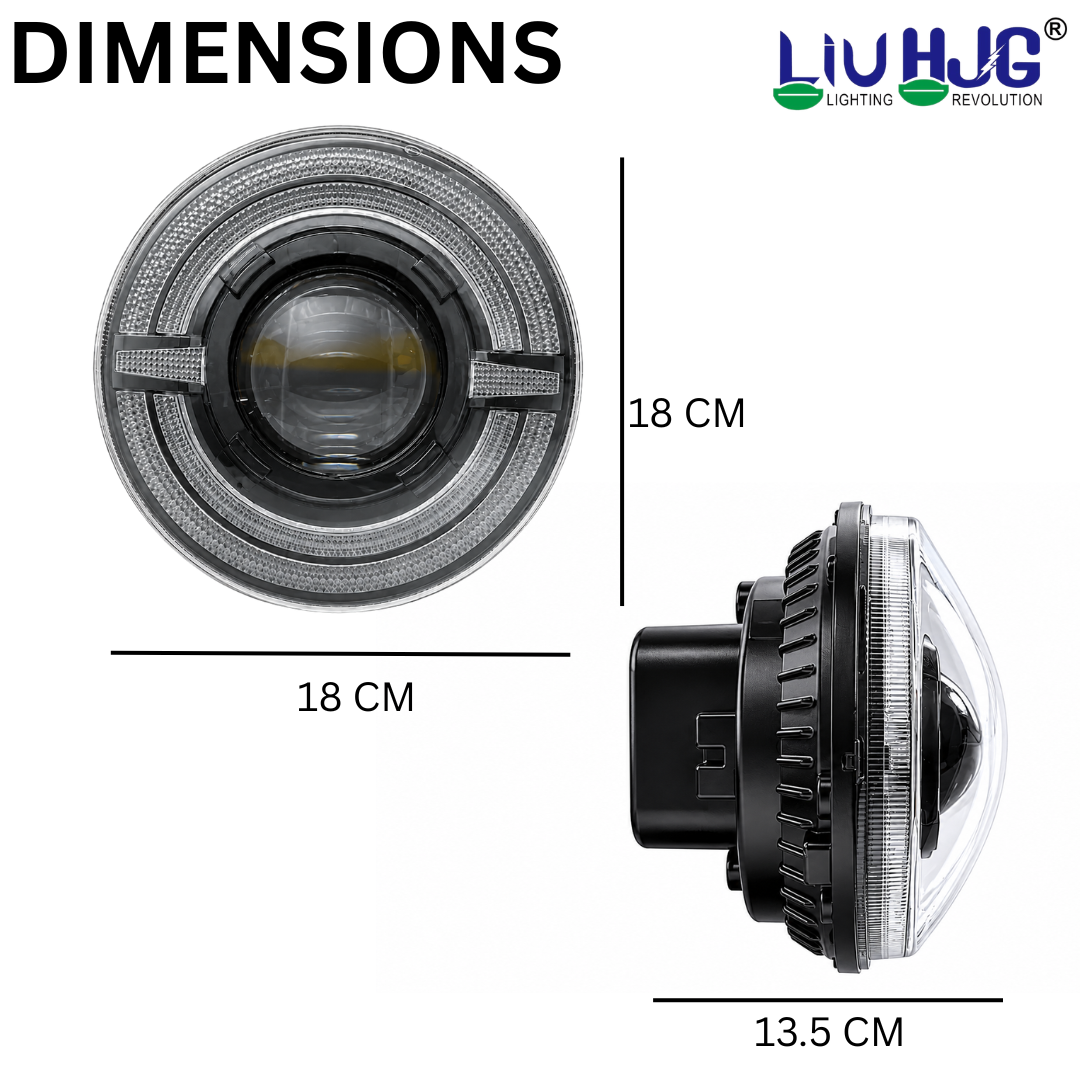 Product dimension diagram showing 7 inch (18 cm) diameter and 13.5 cm depth round LED headlight.