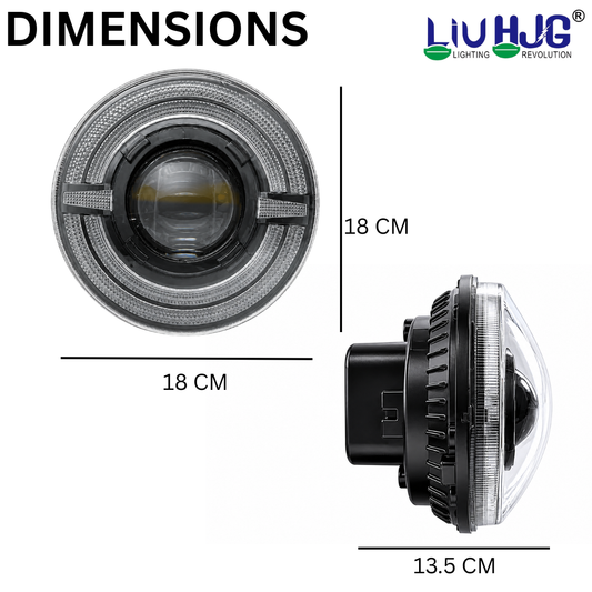 Product dimension diagram showing 7 inch (18 cm) diameter and 13.5 cm depth round LED headlight.